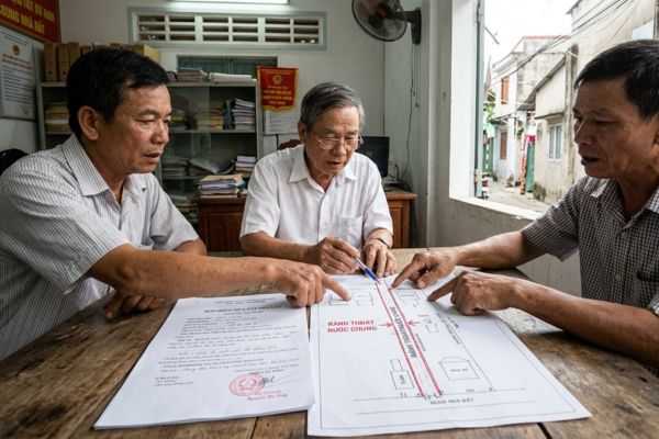 Hợp đồng mua bán nhà đất thổ cư dính tranh chấp rãnh thoát nước chung